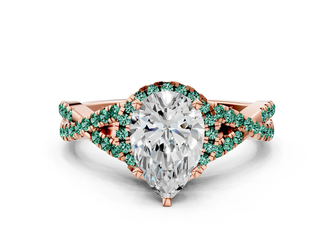 Rose gold Pear Cut Diamond with Green Sapphire side stone Halo Twist Band Solitaire Prong Setting Ring_12
