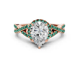 Rose gold Pear Cut Diamond with Green Sapphire side stone Halo Twist Band Solitaire Prong Setting Ring_12