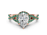 Rose gold Pear Cut Diamond with Green Sapphire side stone Halo Twist Band Solitaire Prong Setting Ring_12