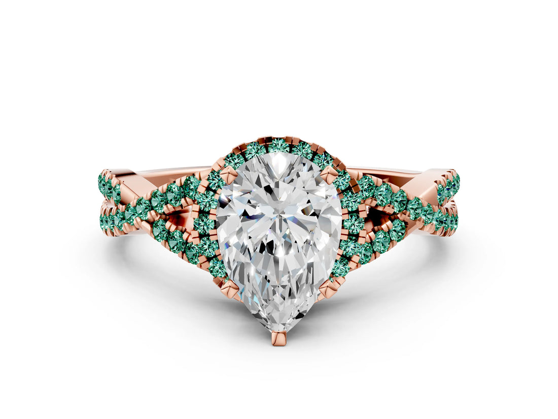 Rose gold Pear Cut Diamond with Green Sapphire side stone Halo Twist Band Solitaire Prong Setting Ring_18
