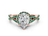 Rose gold Pear Cut Diamond with Green Sapphire side stone Halo Twist Band Solitaire Prong Setting Ring_18