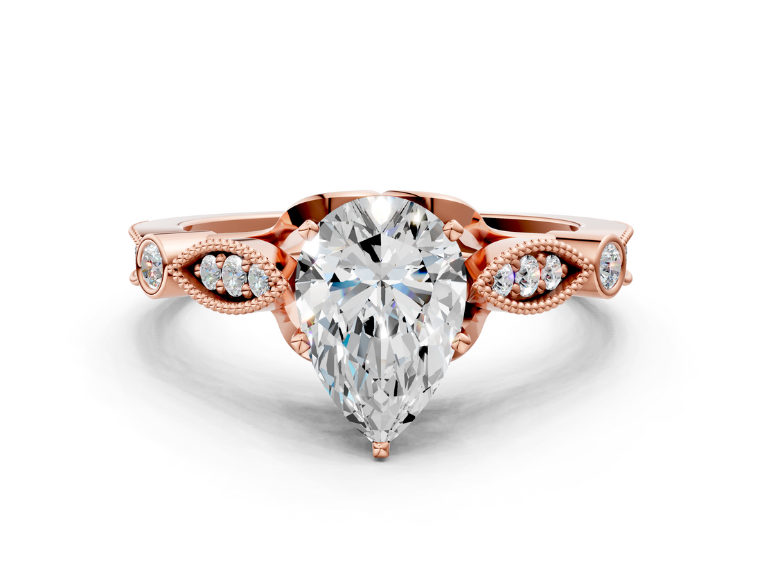 Rose gold Pear Cut Diamond with Milgrain Marquise and Bezel Accents on a Solitaire Band with Prong Setting_199