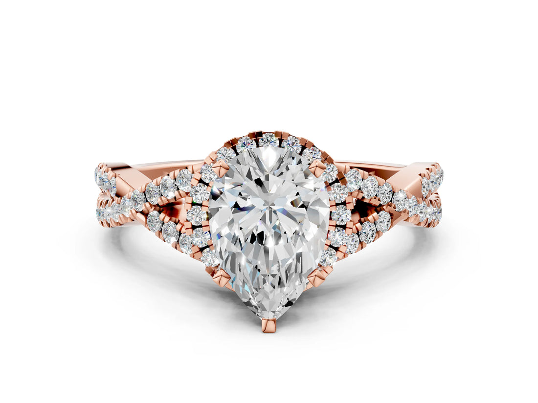 Rose gold Pear Cut Diamond with Moissanite side stone Halo Twist Band Solitaire Prong Setting Ring_12