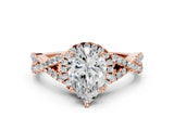 Rose gold Pear Cut Diamond with Moissanite side stone Halo Twist Band Solitaire Prong Setting Ring_12