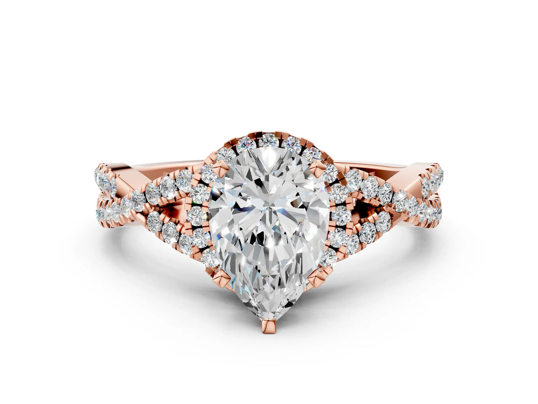 Rose gold Pear Cut Diamond with Moissanite side stone Halo Twist Band Solitaire Prong Setting Ring_36
