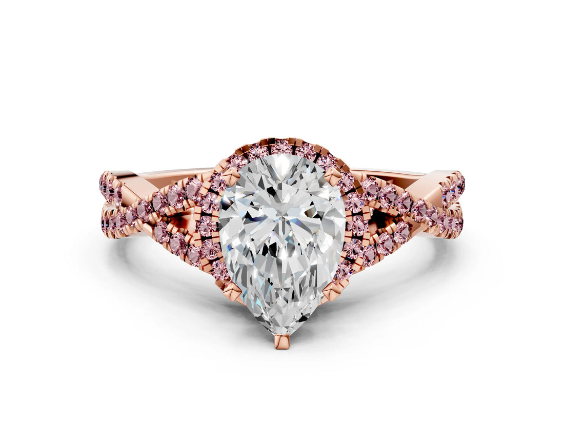 Rose gold Pear Cut Diamond with Morganite side stone Halo Twist Band Solitaire Prong Setting Ring_12