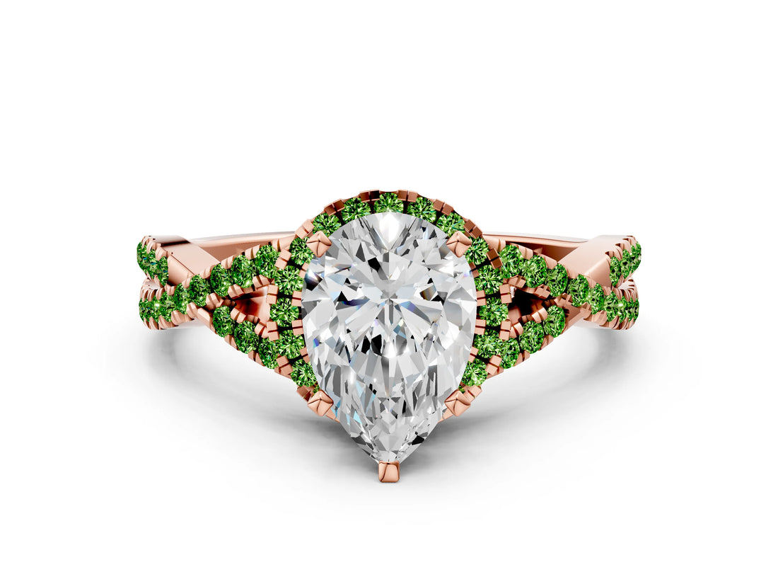 Rose gold Pear Cut Diamond with Peridot side stone Halo Twist Band Solitaire Prong Setting Ring_24