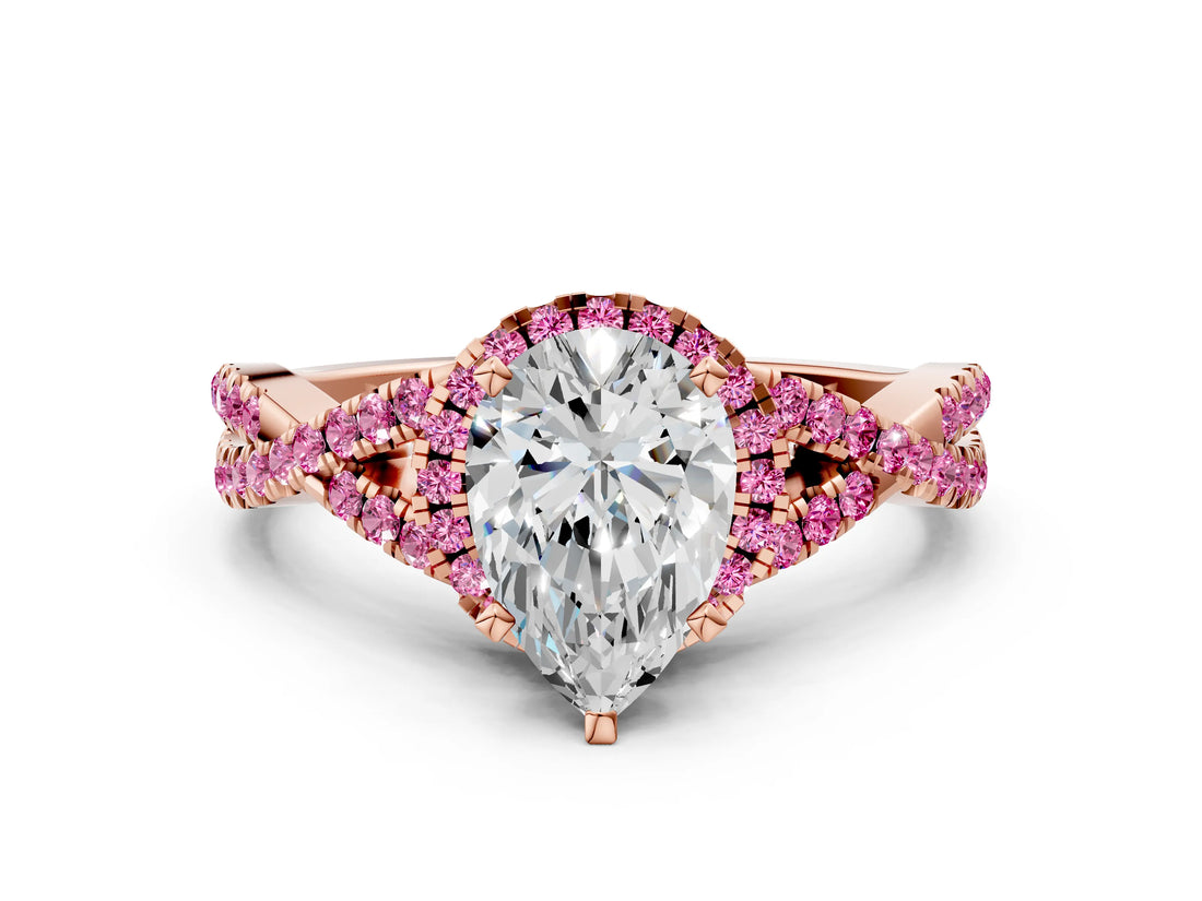 Rose gold Pear Cut Diamond with Pink Sapphire side stone Halo Twist Band Solitaire Prong Setting Ring_36