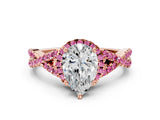 Rose gold Pear Cut Diamond with Pink Sapphire side stone Halo Twist Band Solitaire Prong Setting Ring_36