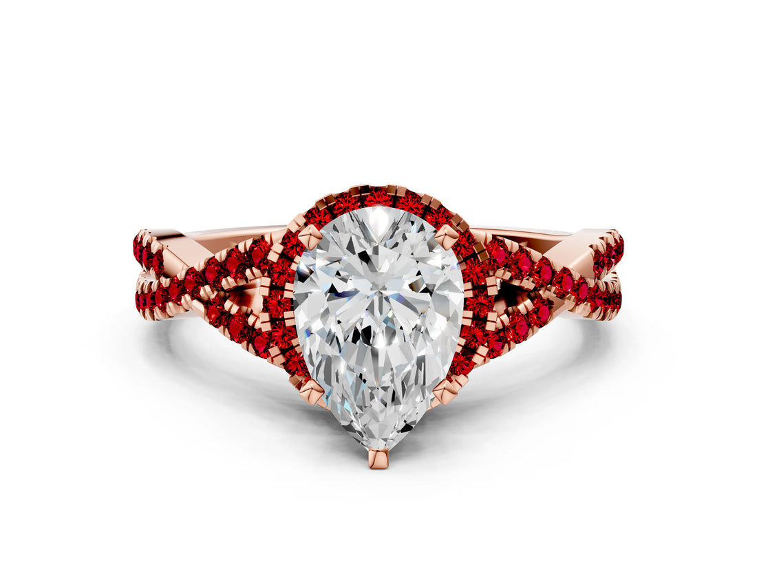 Rose gold Pear Cut Diamond with Ruby side stone Halo Twist Band Solitaire Prong Setting Ring_36