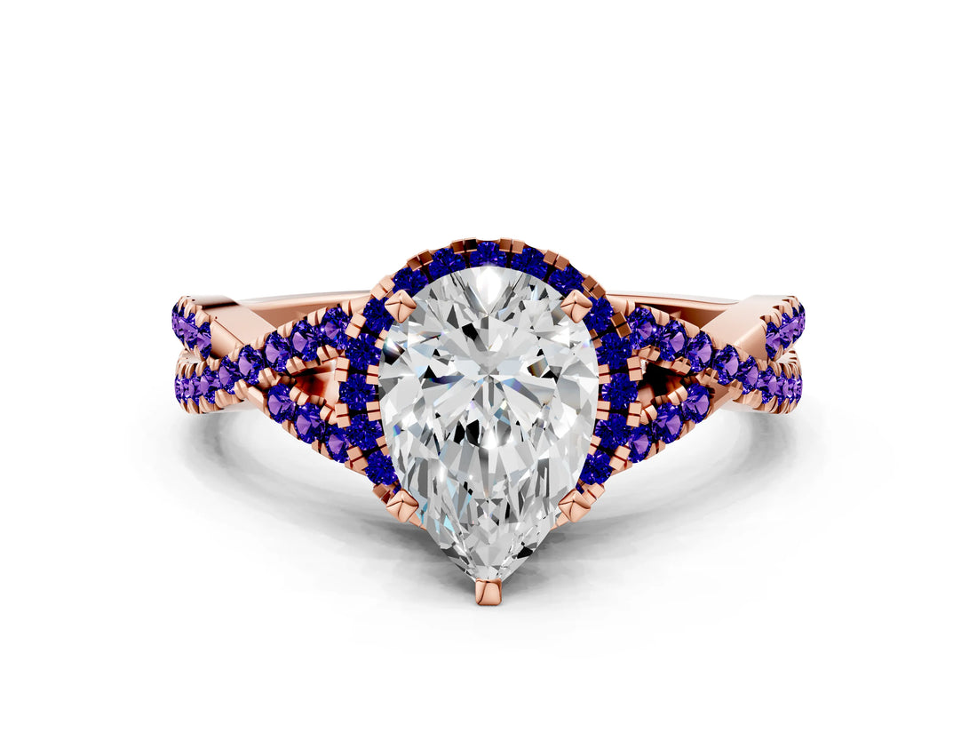Rose gold Pear Cut Diamond with Tanzanite side stone Halo Twist Band Solitaire Prong Setting Ring_12