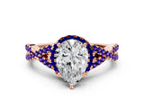 Rose gold Pear Cut Diamond with Tanzanite side stone Halo Twist Band Solitaire Prong Setting Ring_12