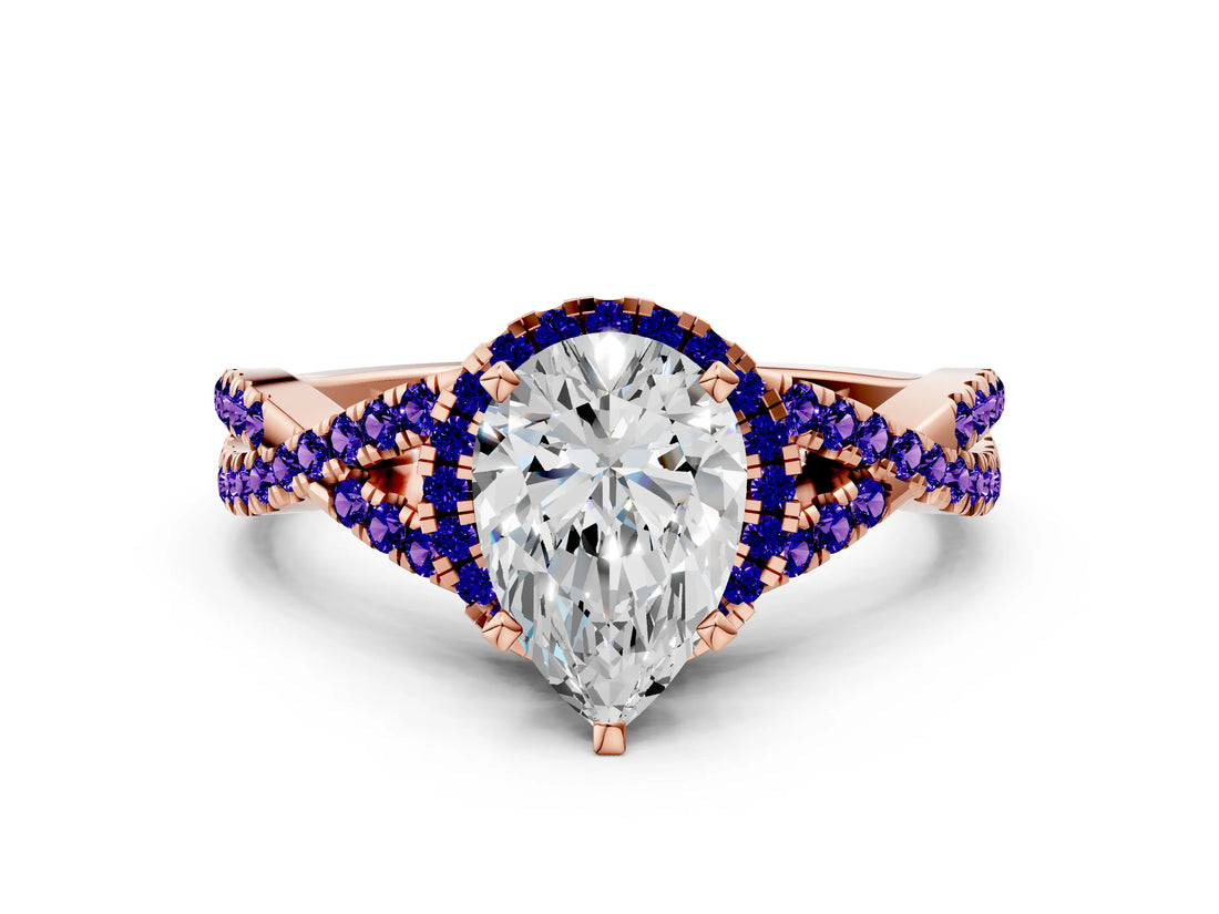 Rose gold Pear Cut Diamond with Tanzanite side stone Halo Twist Band Solitaire Prong Setting Ring_36