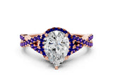 Rose gold Pear Cut Diamond with Tanzanite side stone Halo Twist Band Solitaire Prong Setting Ring_36