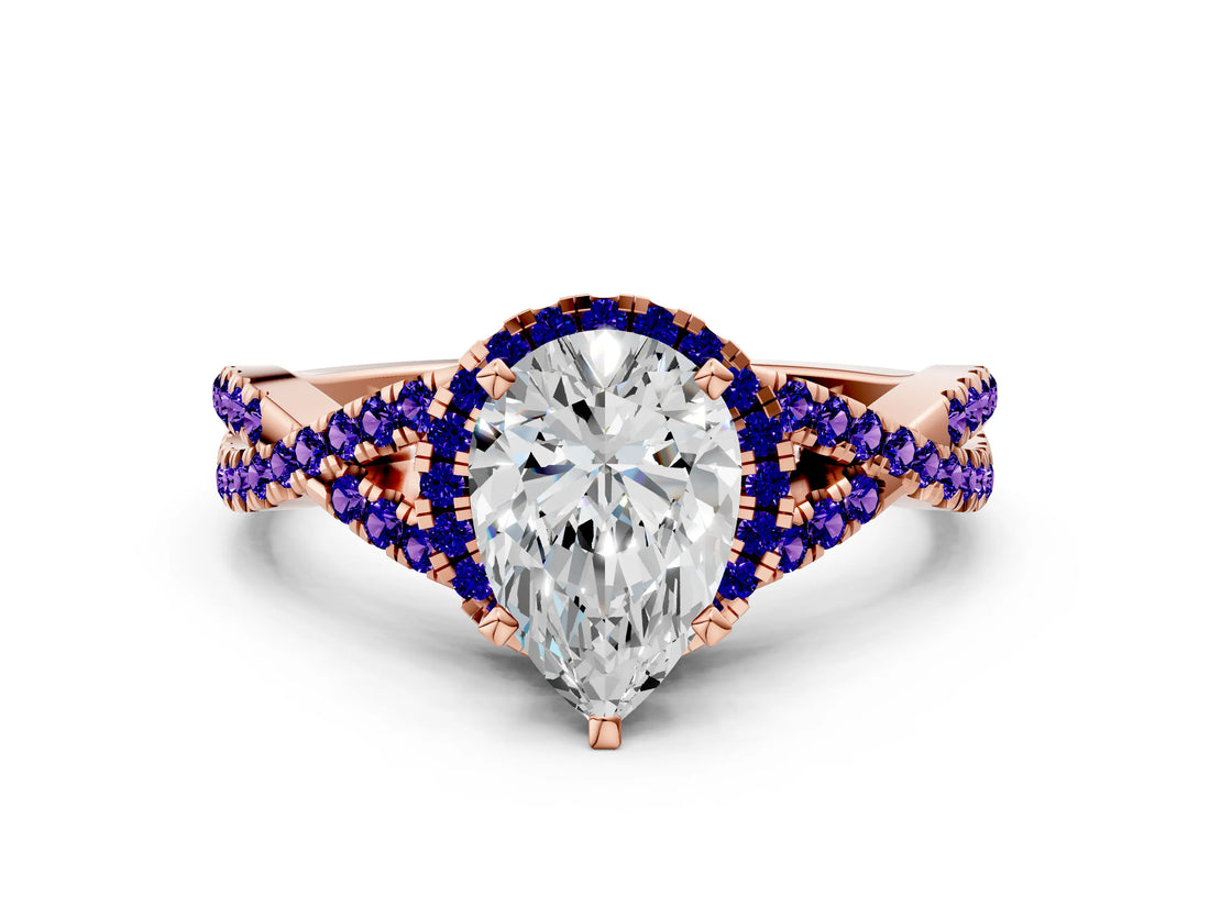 Rose gold Pear Cut Diamond with Tanzanite side stone Halo Twist Band Solitaire Prong Setting Ring_42