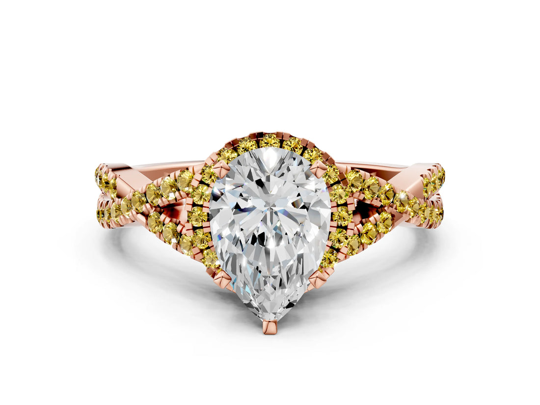 Rose gold Pear Cut Diamond with Yellow Sapphire side stone Halo Twist Band Solitaire Prong Setting Ring_12