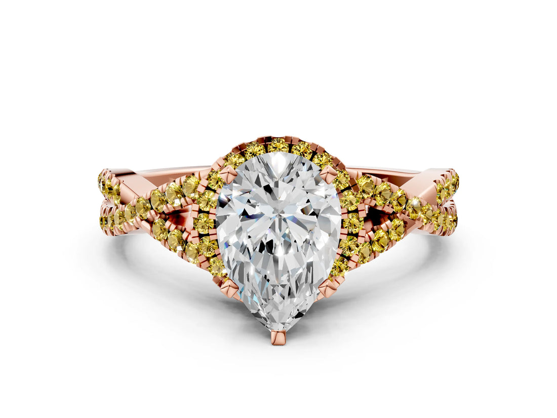 Rose gold Pear Cut Diamond with Yellow Sapphire side stone Halo Twist Band Solitaire Prong Setting Ring_36