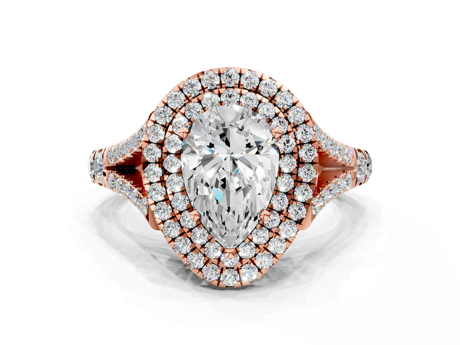 Rose gold Pear Cut Double Halo Split Shank Diamond Ring with Prong Setting