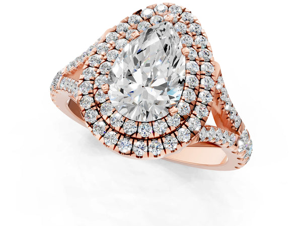 Rose gold Pear Cut Double Halo Split Shank Diamond Ring with Prong Setting
