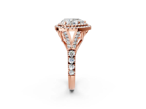 Rose gold Pear Cut Double Halo Split Shank Diamond Ring with Prong Setting