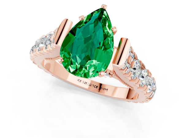 Rose gold Pear Cut Emerald Classic Solitaire Ring with Pavé Band and Four-Prong Setting