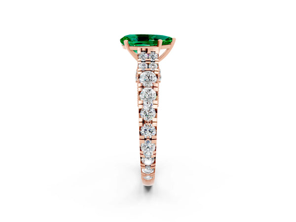 Rose gold Pear Cut Emerald Classic Solitaire Ring with Pavé Band and Four-Prong Setting