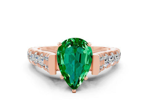 Rose gold Pear Cut Emerald Classic Solitaire Ring with Pavé Band and Four-Prong Setting
