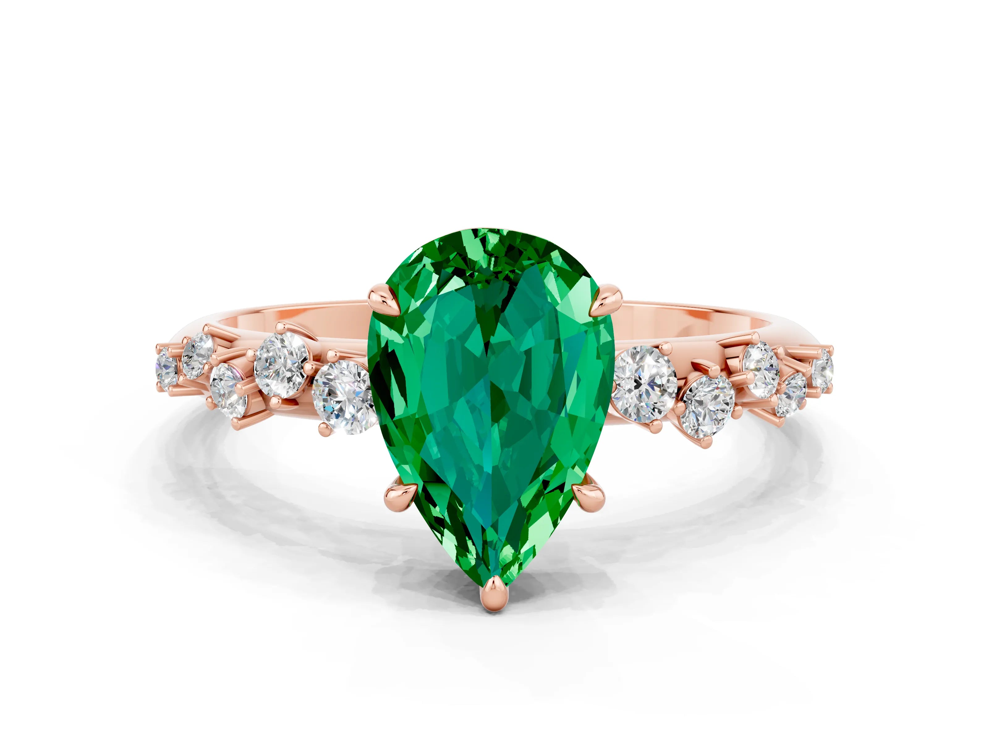 Rose gold Pear Cut Emerald Cluster Side Stone Solitaire Ring with Prong Setting_24
