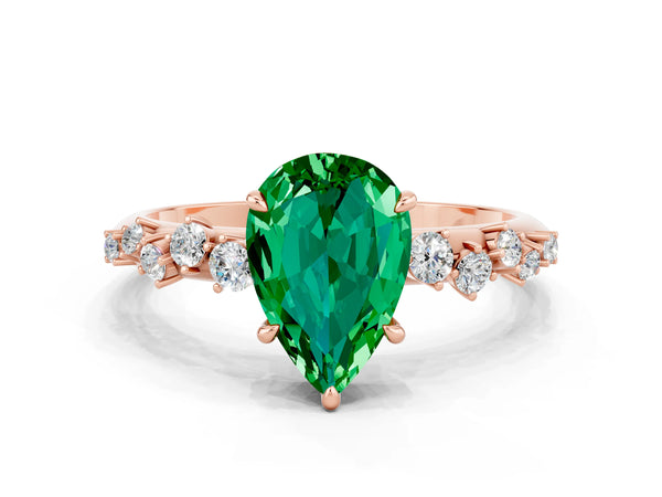 Rose gold Pear Cut Emerald Cluster Side Stone Solitaire Ring with Prong Setting