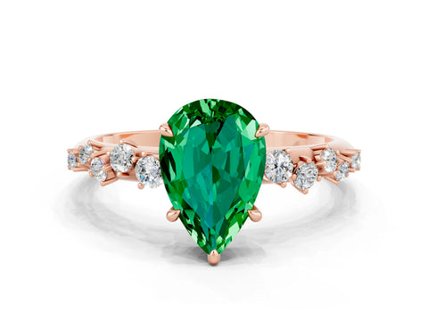 Rose gold Pear Cut Emerald Cluster Side Stone Solitaire Ring with Prong Setting_24
