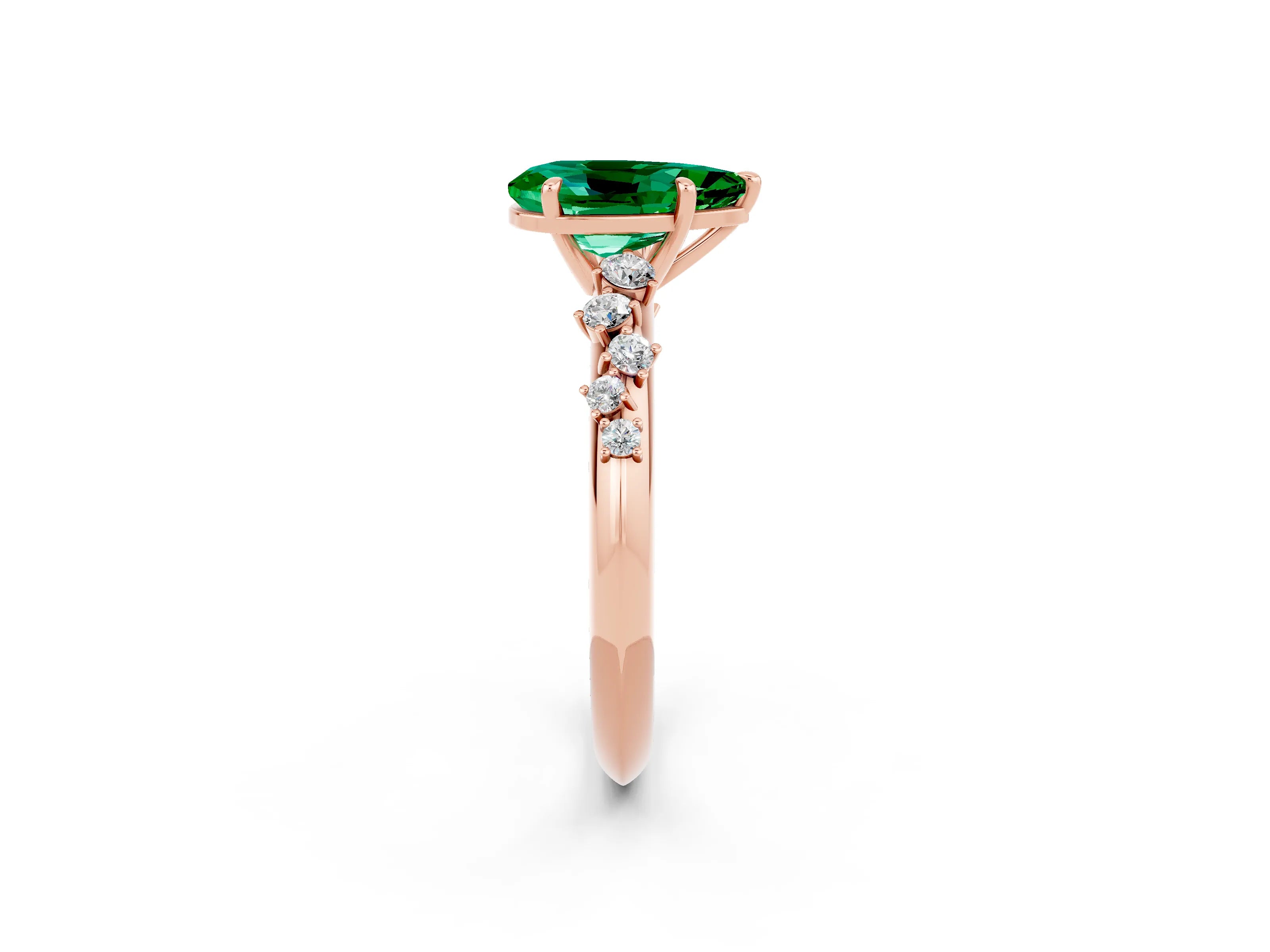 Rose gold Pear Cut Emerald Cluster Side Stone Solitaire Ring with Prong Setting_26