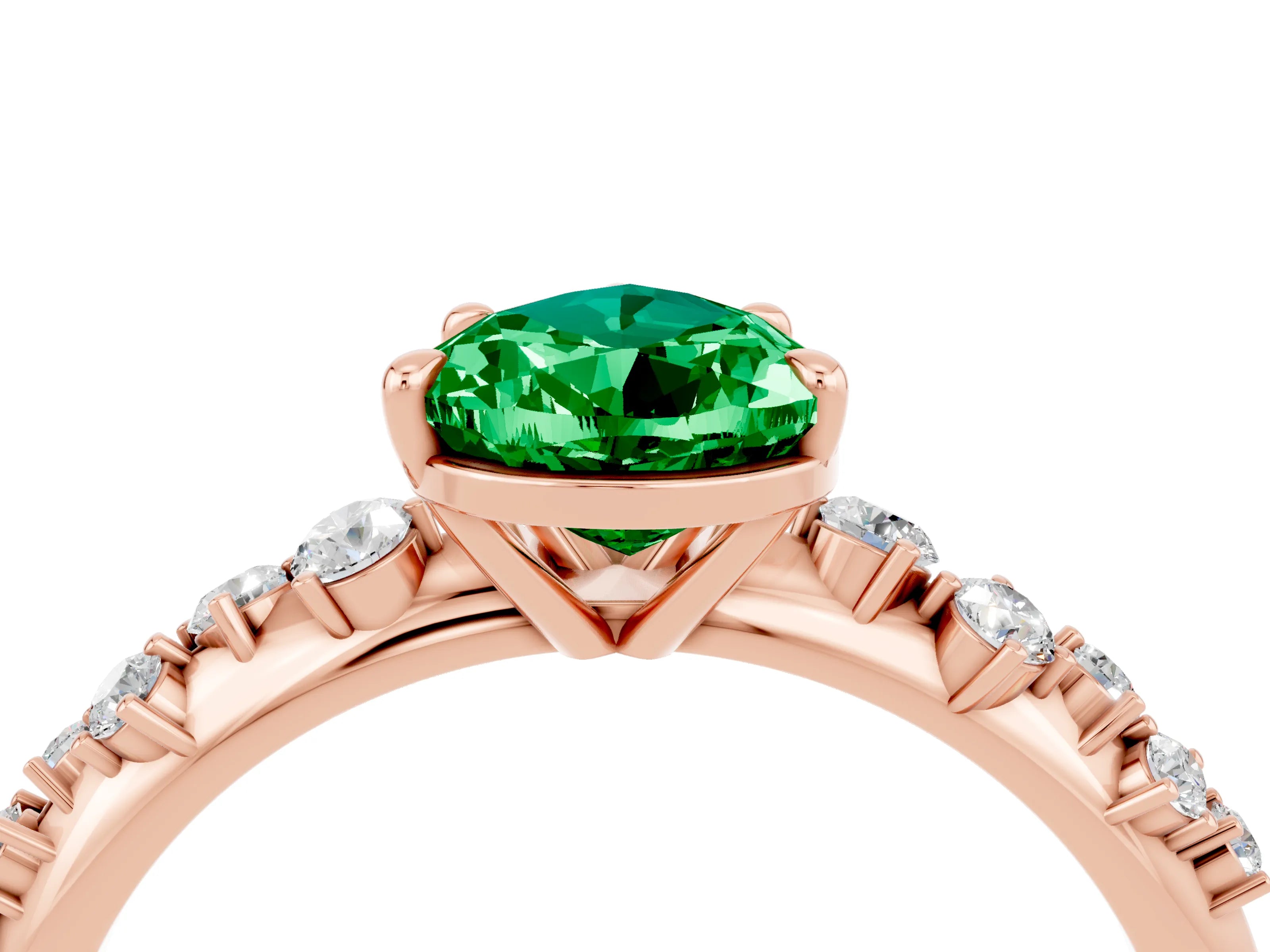 Rose gold Pear Cut Emerald Cluster Side Stone Solitaire Ring with Prong Setting_28