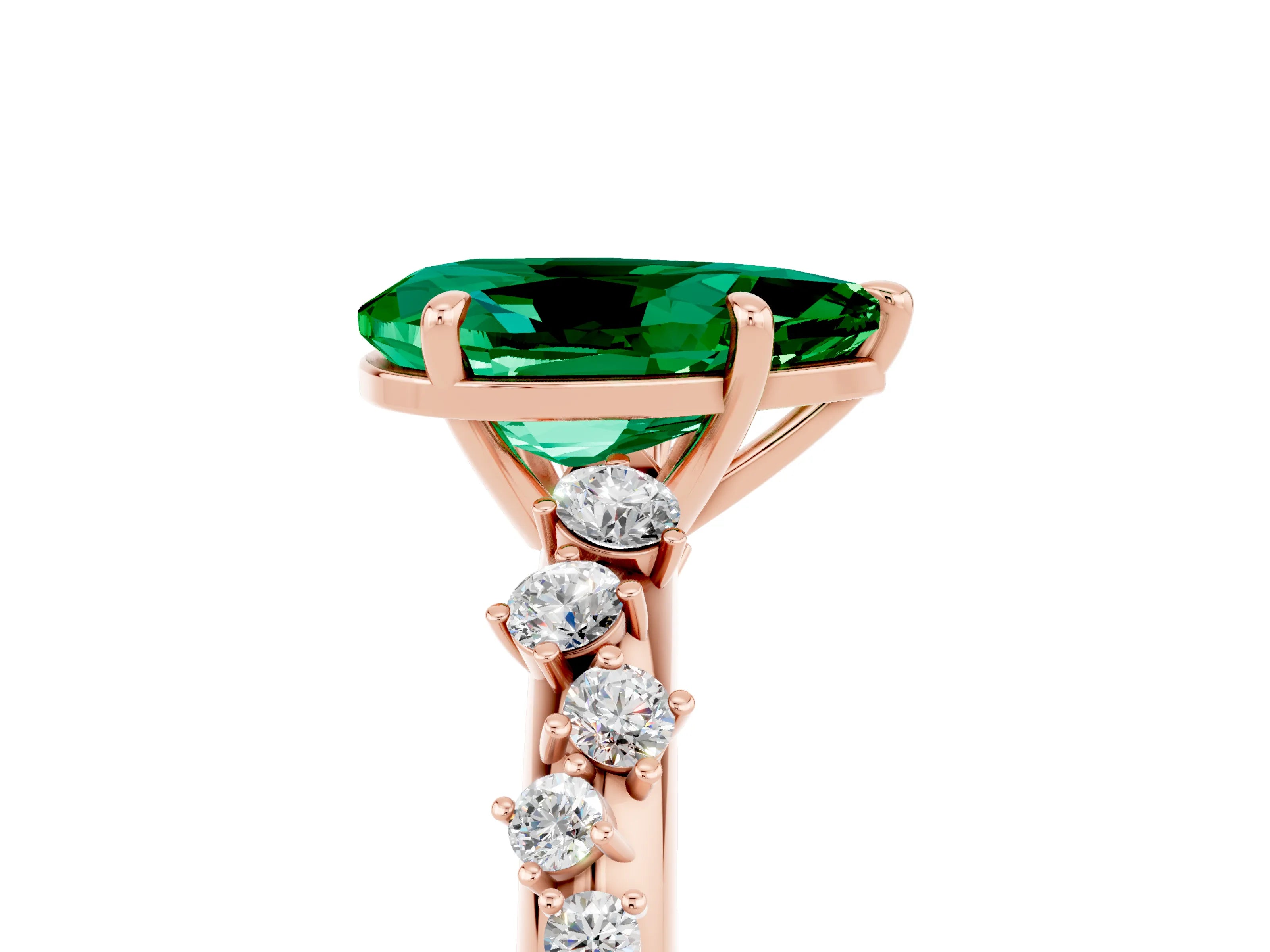 Rose gold Pear Cut Emerald Cluster Side Stone Solitaire Ring with Prong Setting_29