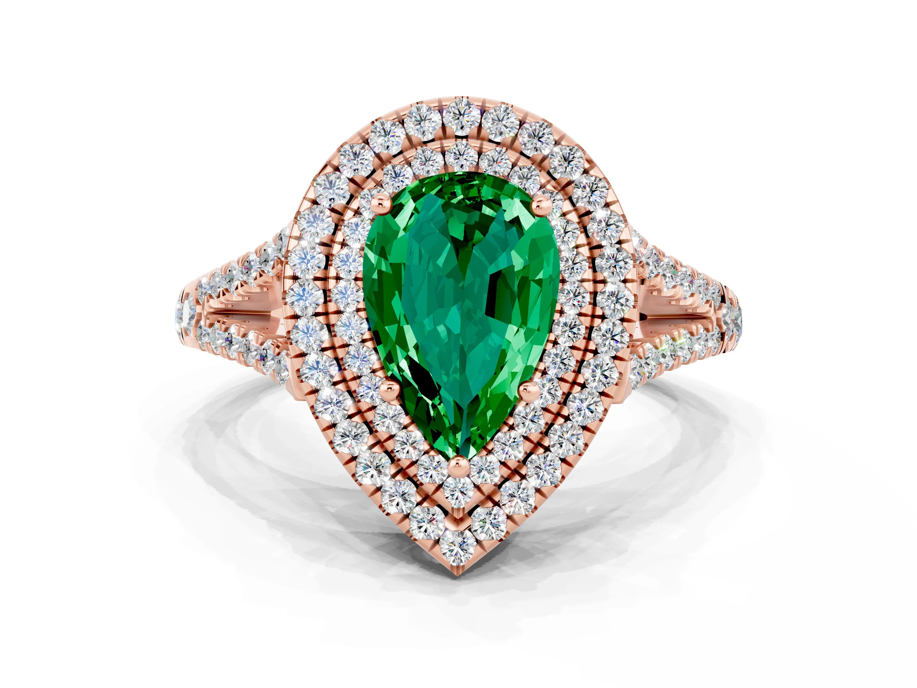 Rose gold Pear Cut Emerald Double Halo Ring with Pavé Band and Prong Setting_12