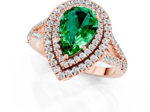 Rose gold Pear Cut Emerald Double Halo Ring with Pavé Band and Prong Setting_13