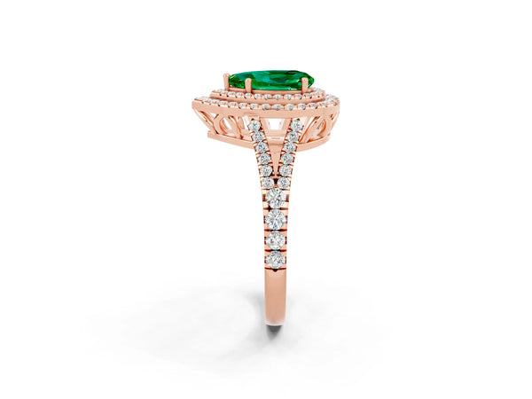 Rose gold Pear Cut Emerald Double Halo Ring with Pavé Band and Prong Setting