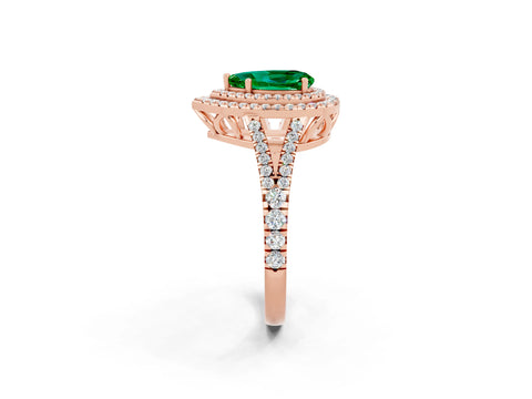 Rose gold Pear Cut Emerald Double Halo Ring with Pavé Band and Prong Setting_14