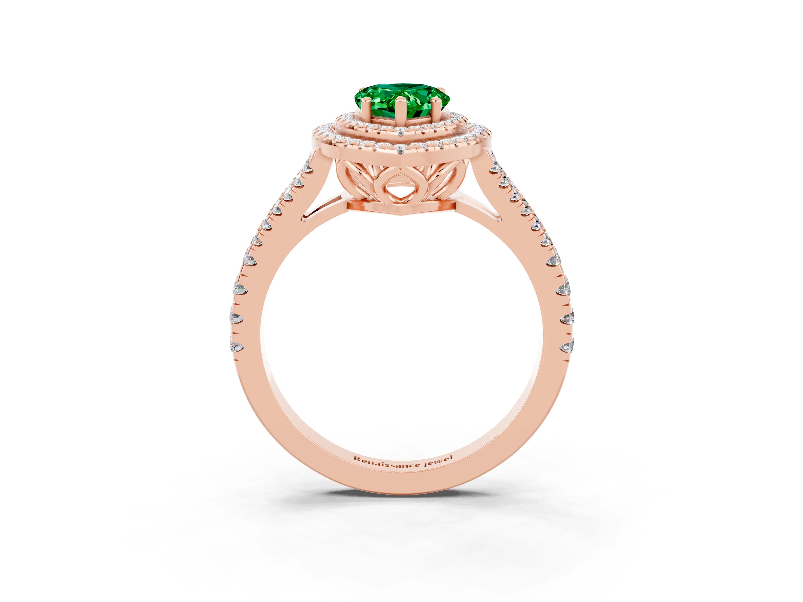 Rose gold Pear Cut Emerald Double Halo Ring with Pavé Band and Prong Setting_15