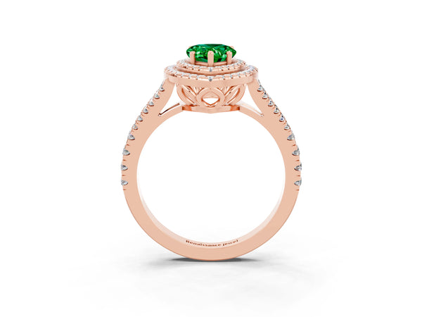 Rose gold Pear Cut Emerald Double Halo Ring with Pavé Band and Prong Setting