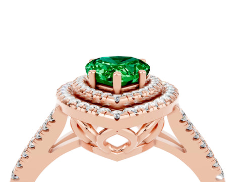 Rose gold Pear Cut Emerald Double Halo Ring with Pavé Band and Prong Setting_16