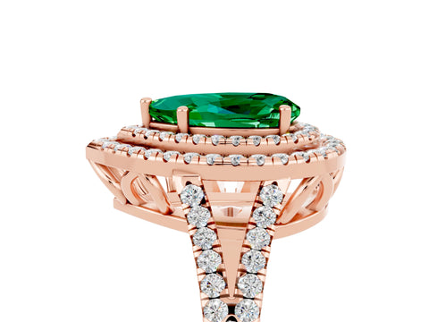 Rose gold Pear Cut Emerald Double Halo Ring with Pavé Band and Prong Setting_17