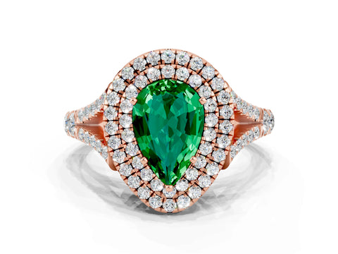 Rose gold Pear Cut Emerald Double Halo Ring with Split Shank and Prong Setting_12