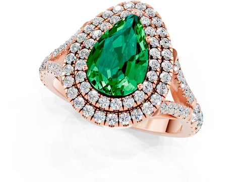 Rose gold Pear Cut Emerald Double Halo Ring with Split Shank and Prong Setting_13