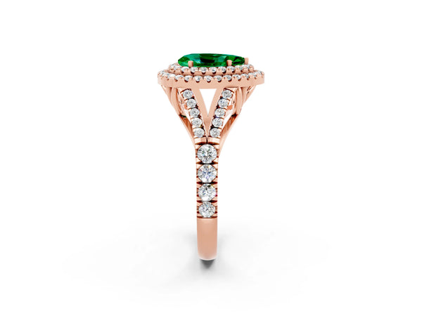 Rose gold Pear Cut Emerald Double Halo Ring with Split Shank and Prong Setting
