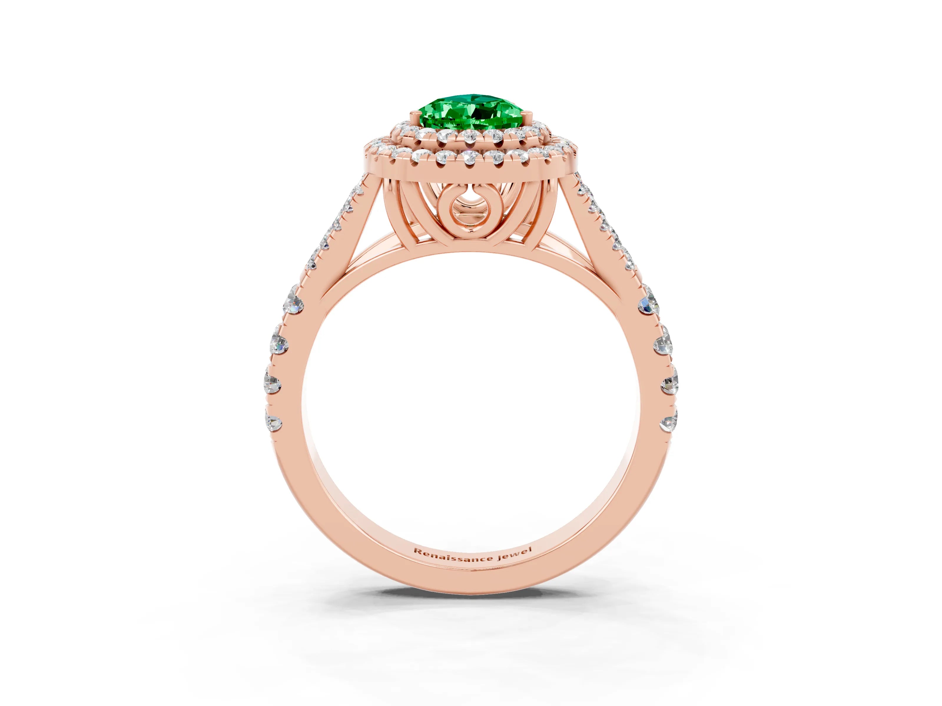 Rose gold Pear Cut Emerald Double Halo Ring with Split Shank and Prong Setting_15