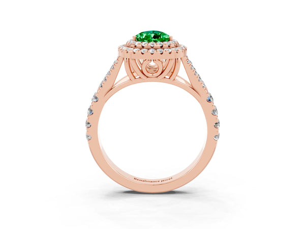 Rose gold Pear Cut Emerald Double Halo Ring with Split Shank and Prong Setting