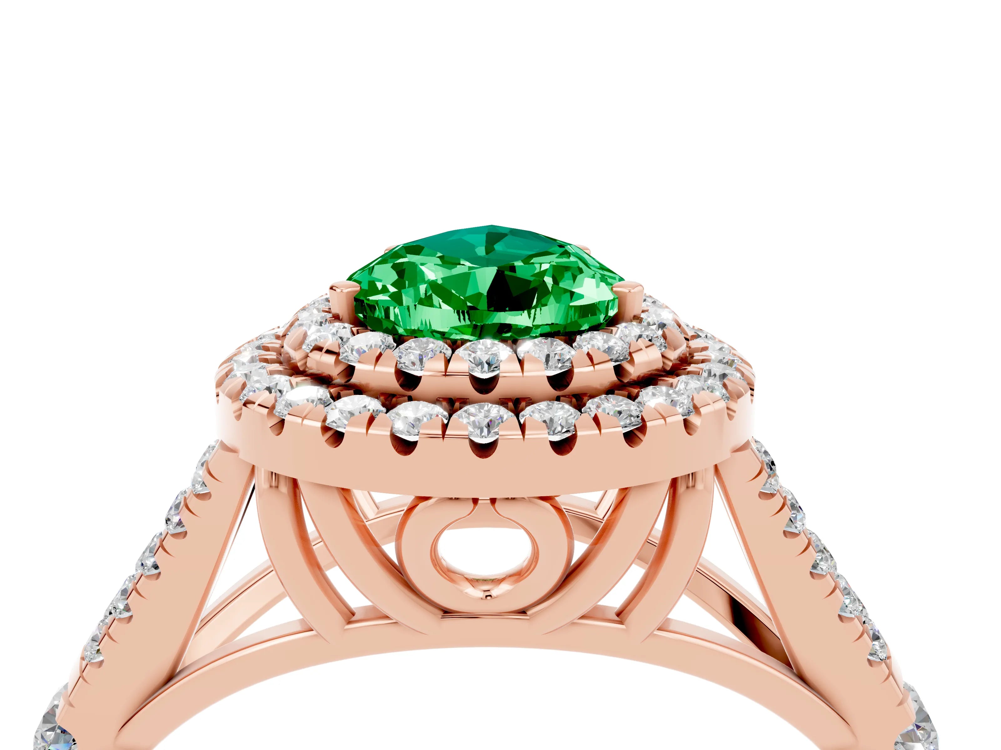 Rose gold Pear Cut Emerald Double Halo Ring with Split Shank and Prong Setting_16