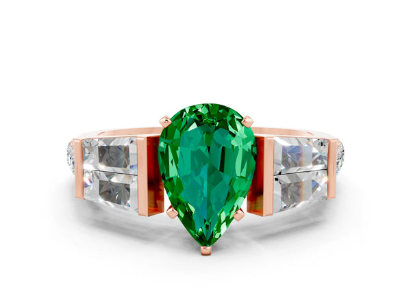 Rose gold Pear Cut Emerald Engagement Ring with Baguette Side Stones and Channel Set Band