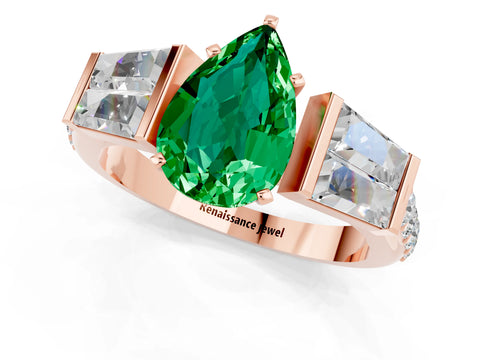 Rose gold Pear Cut Emerald Engagement Ring with Baguette Side Stones and Channel Set Band_1