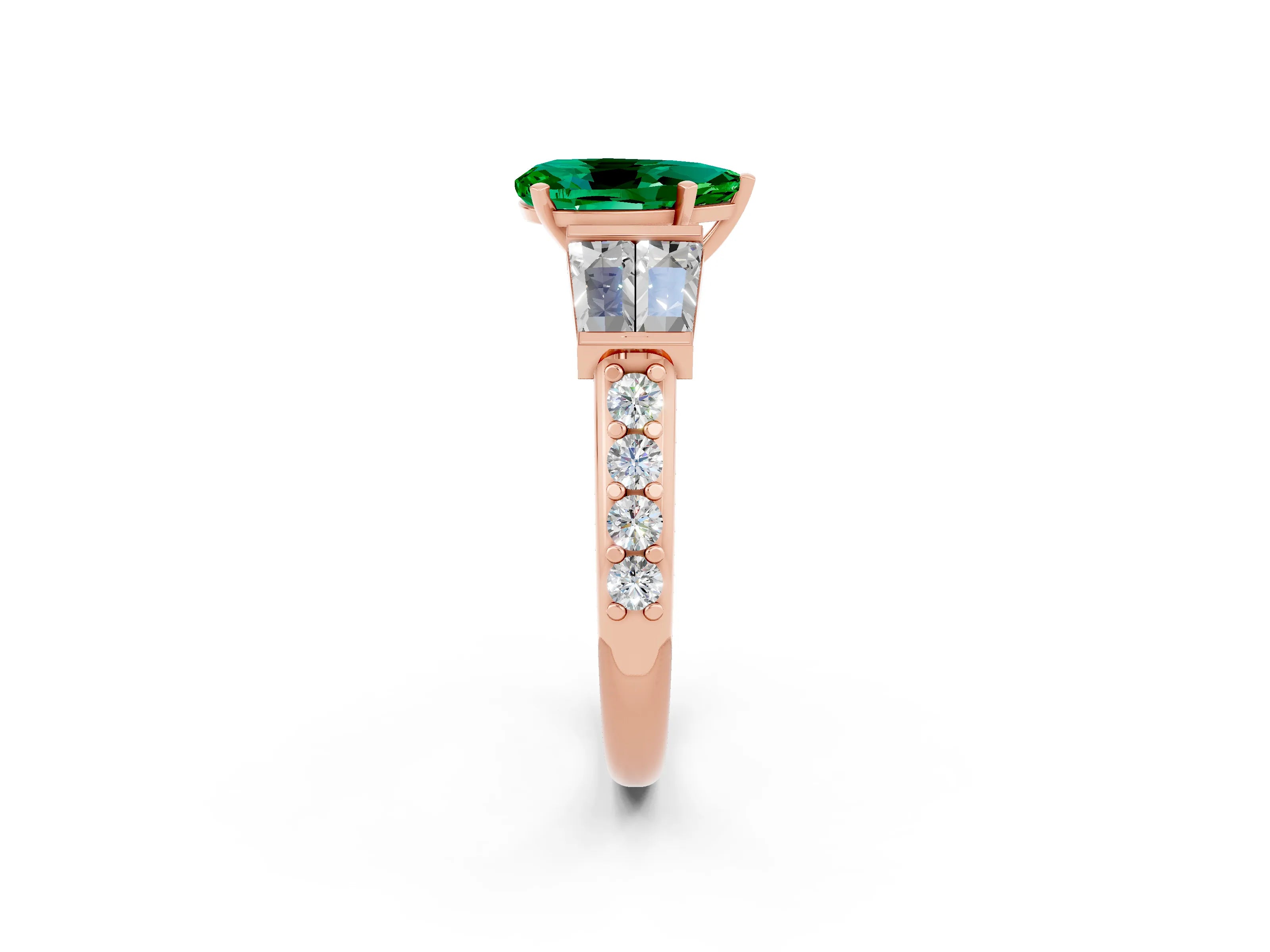 Rose gold Pear Cut Emerald Engagement Ring with Baguette Side Stones and Channel Set Band_2